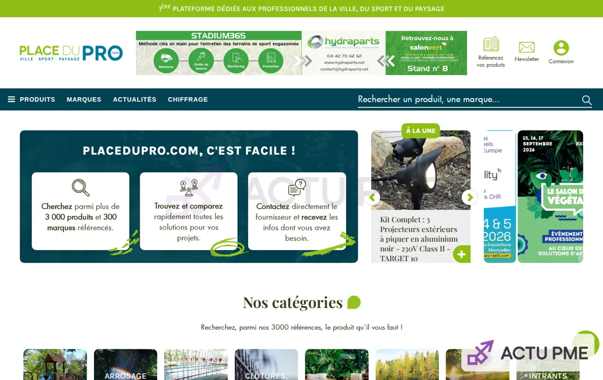 Capture : Placedupro.com | Tous les produits pour les professionnels de la ville, du sport, du paysage et de la piscine.